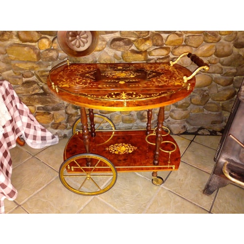 Italian Tea Cart Sorrento Marquetry Inlaid Wood & Brass Rolling Bar Cart – Italy