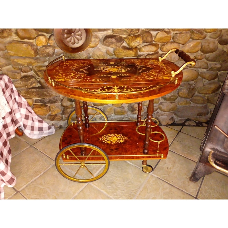 Italian Tea Cart Sorrento Marquetry Inlaid Wood & Brass Rolling Bar Cart – Italy