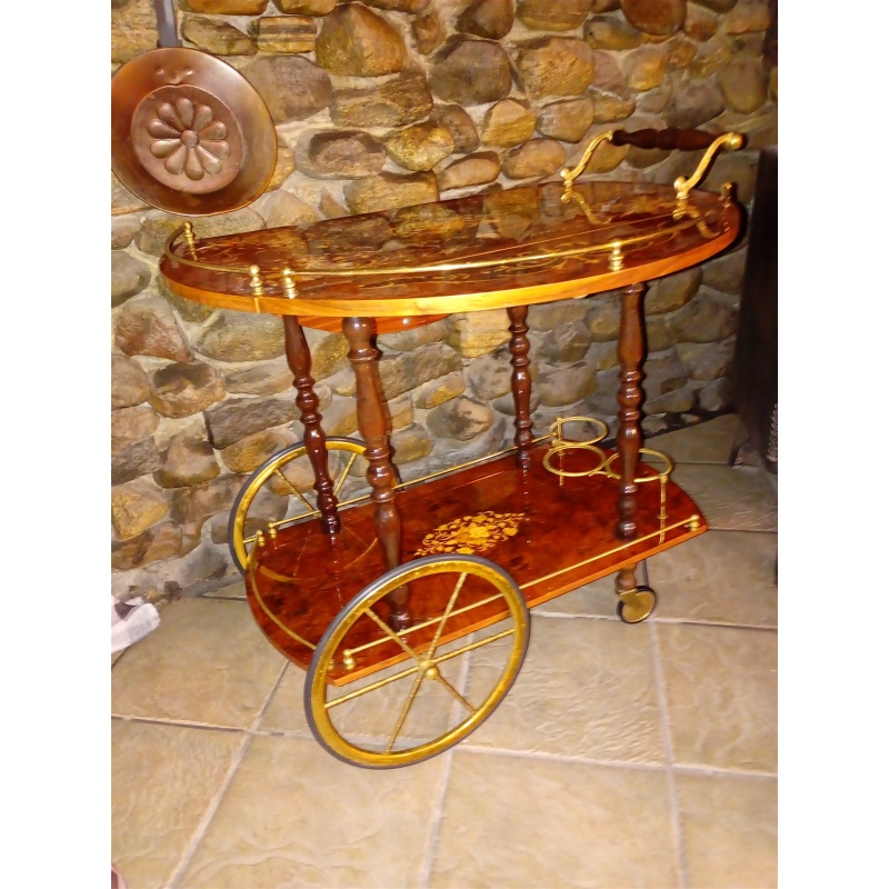 Italian Tea Cart Sorrento Marquetry Inlaid Wood & Brass Rolling Bar Cart – Italy