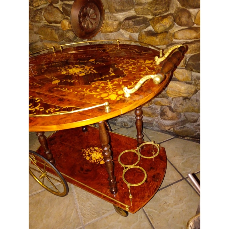 Italian Tea Cart Sorrento Marquetry Inlaid Wood & Brass Rolling Bar Cart – Italy
