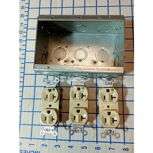 RACO Electrical 3 Gang Masonry Box - w/ 3 Ivory 20A 125V Receptacle Hosp Grade