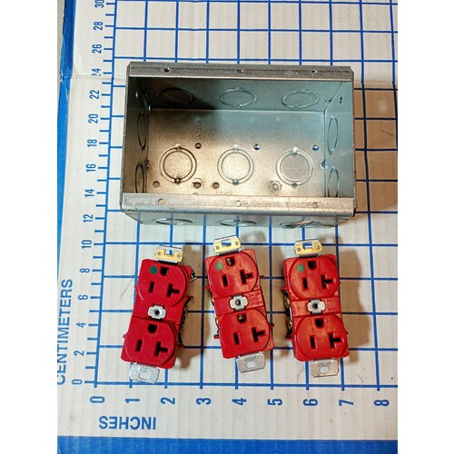 RACO Electrical 3 Gang Masonry Box - w/ 3 Red 20A 125V Receptacle Hosp Grade