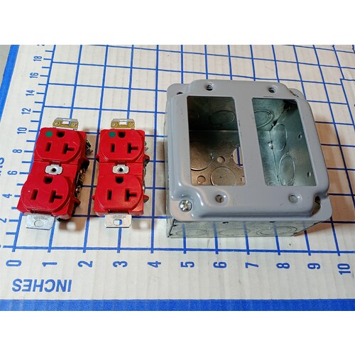 4" Electrical Box Dbl Switch Cover 2-1/4" - 2 Red 20A 125V Receptacle Hosp Grade