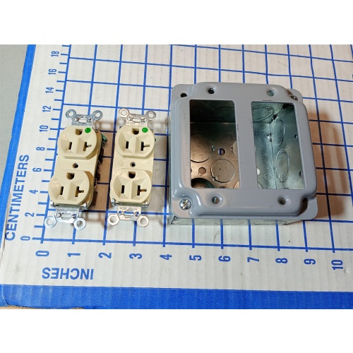 4" Electrical Box Dbl Switch Cover 2.25" -2 Ivory 20A 125V Receptacle Hosp Grade