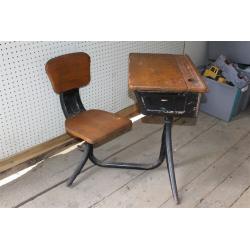 Vintage Child's School Desk & Chair Wood And Metal With Flip Up Top 