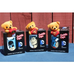 Lot of 3 DC Comics Ceramic Cuddle Cup, Mug, Tiny Plush Bear - Superman - Batman