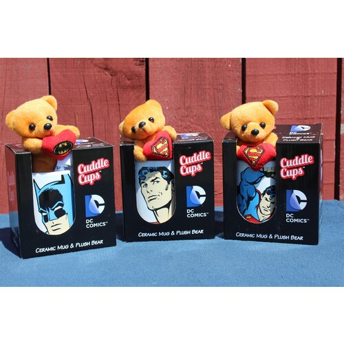 Lot of 3 DC Comics Ceramic Cuddle Cup, Mug, Tiny Plush Bear - Superman - Batman