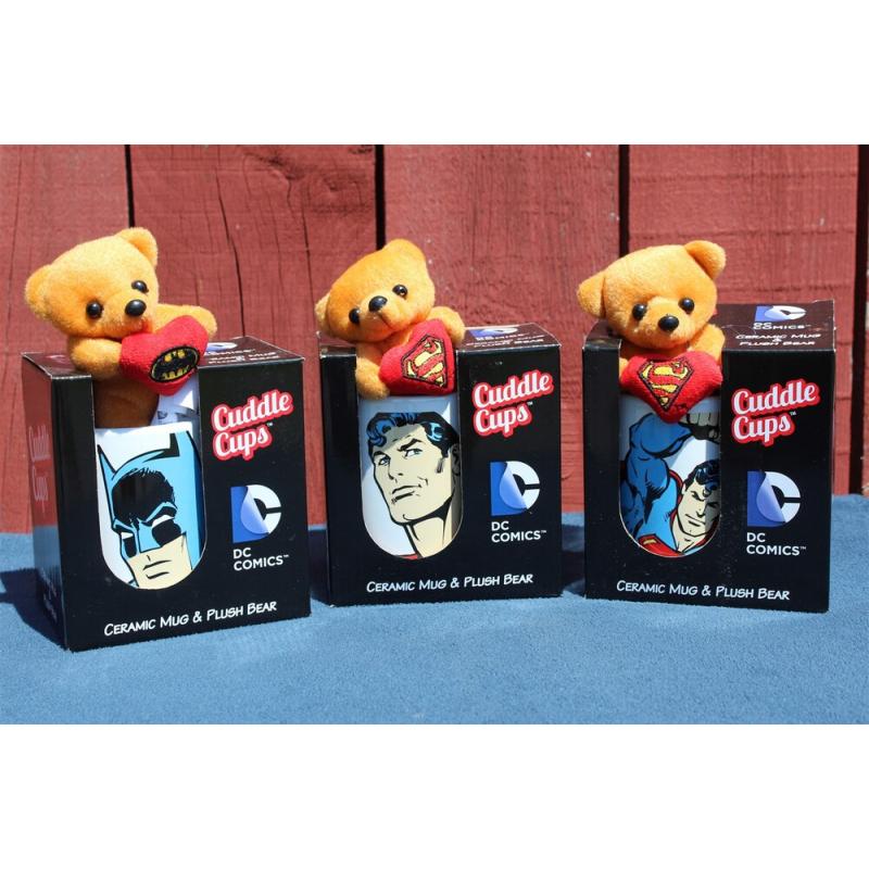 Lot of 3 DC Comics Ceramic Cuddle Cup, Mug, Tiny Plush Bear - Superman - Batman