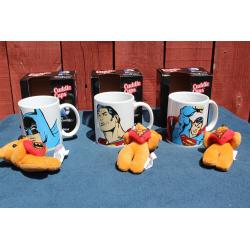 Lot of 3 DC Comics Ceramic Cuddle Cup, Mug, Tiny Plush Bear - Superman - Batman