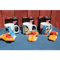Lot of 3 DC Comics Ceramic Cuddle Cup, Mug, Tiny Plush Bear - Superman - Batman