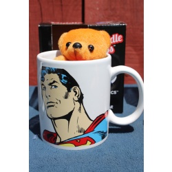 Lot of 3 DC Comics Ceramic Cuddle Cup, Mug, Tiny Plush Bear - Superman - Batman