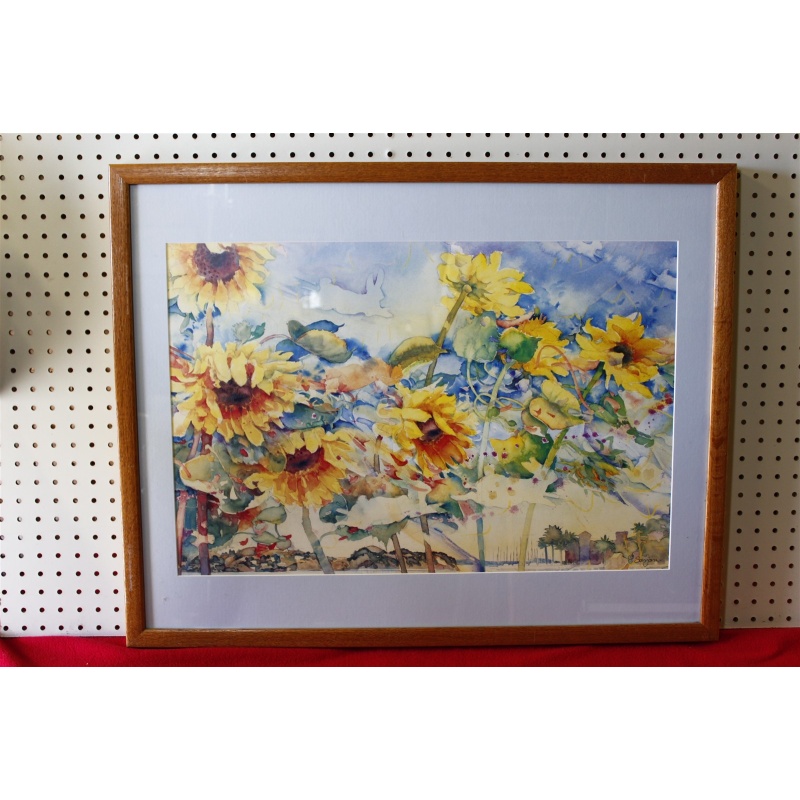 31.75 x 25.25 Framed picture sunflowers signed watercolor