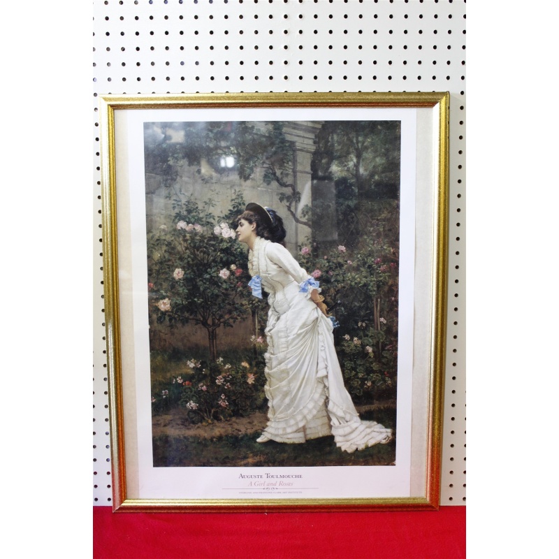 23.5 x 29.5 Framed picture a girl and roses - Auguste Toulmouche