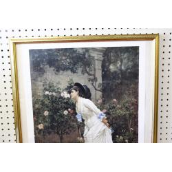 23.5 x 29.5 Framed picture a girl and roses - Auguste Toulmouche