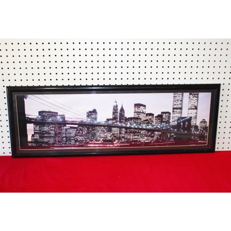 37 x 12.75 Framed landscape New York City Brooklyn Bridge twin towers