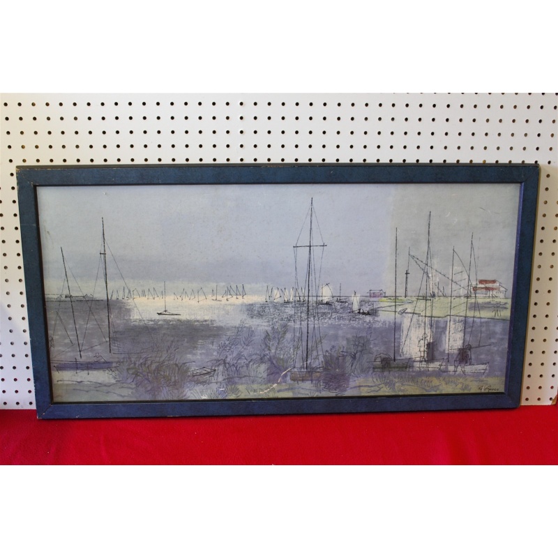 38.5 x 19.5 Framed art seaside sailboats signed Jones