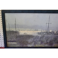 38.5 x 19.5 Framed art seaside sailboats signed Jones