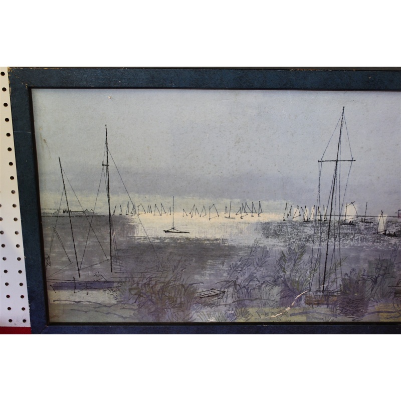 38.5 x 19.5 Framed art seaside sailboats signed Jones