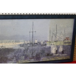 38.5 x 19.5 Framed art seaside sailboats signed Jones