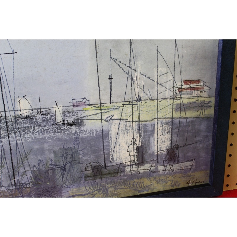 38.5 x 19.5 Framed art seaside sailboats signed Jones