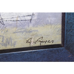 38.5 x 19.5 Framed art seaside sailboats signed Jones