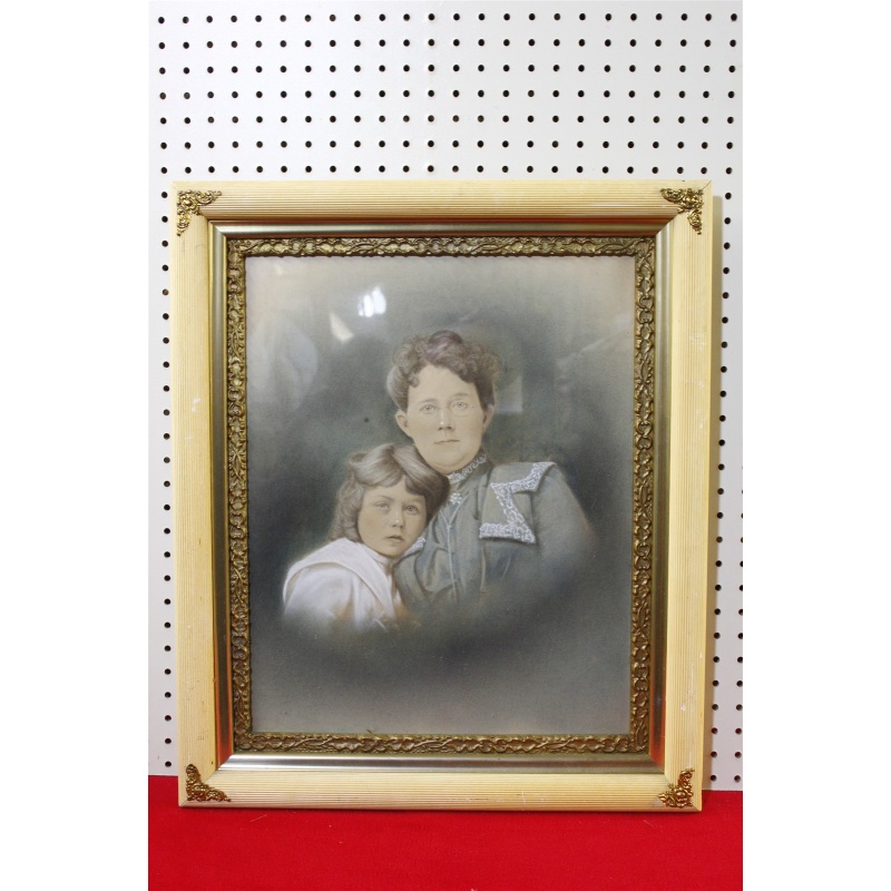 21.25 x 25.5 Framed portrait mother and daughter - vintage frame