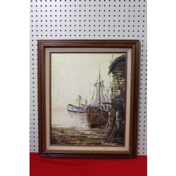21 x 25 Framed picture seaside ships signed Florence