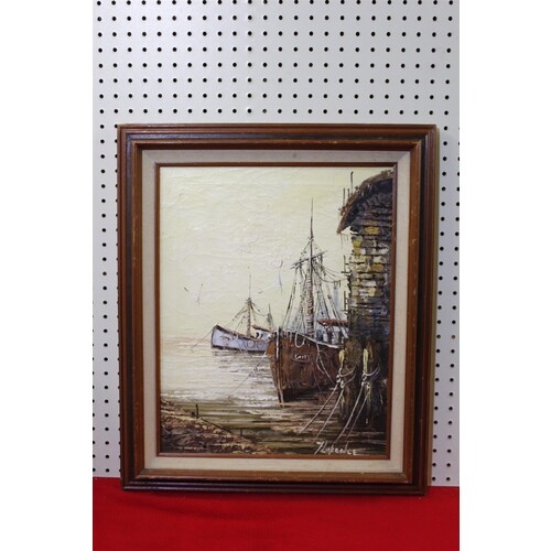 21 x 25 Framed picture seaside ships signed Florence