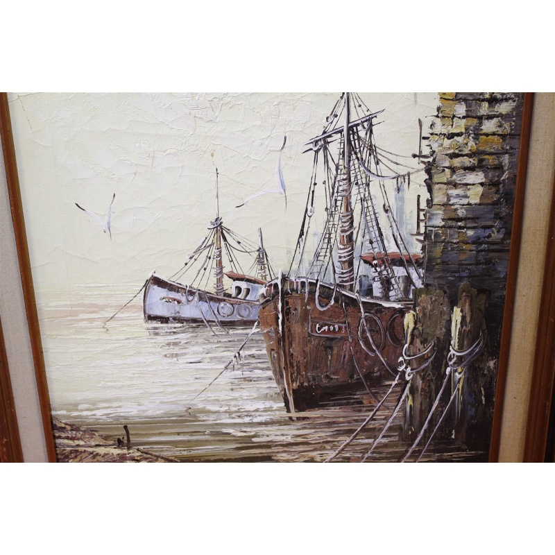 21 x 25 Framed picture seaside ships signed Florence