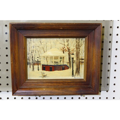 11.5 x 9.5 Framed Picture Park Gazebo in Winter Signed Morris