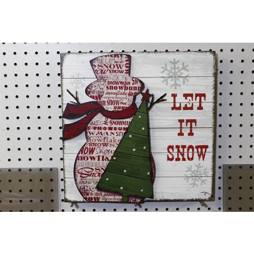 14 x 14 Raised Tin Snowman on Wooden Backplate Plaque - Let It Snow