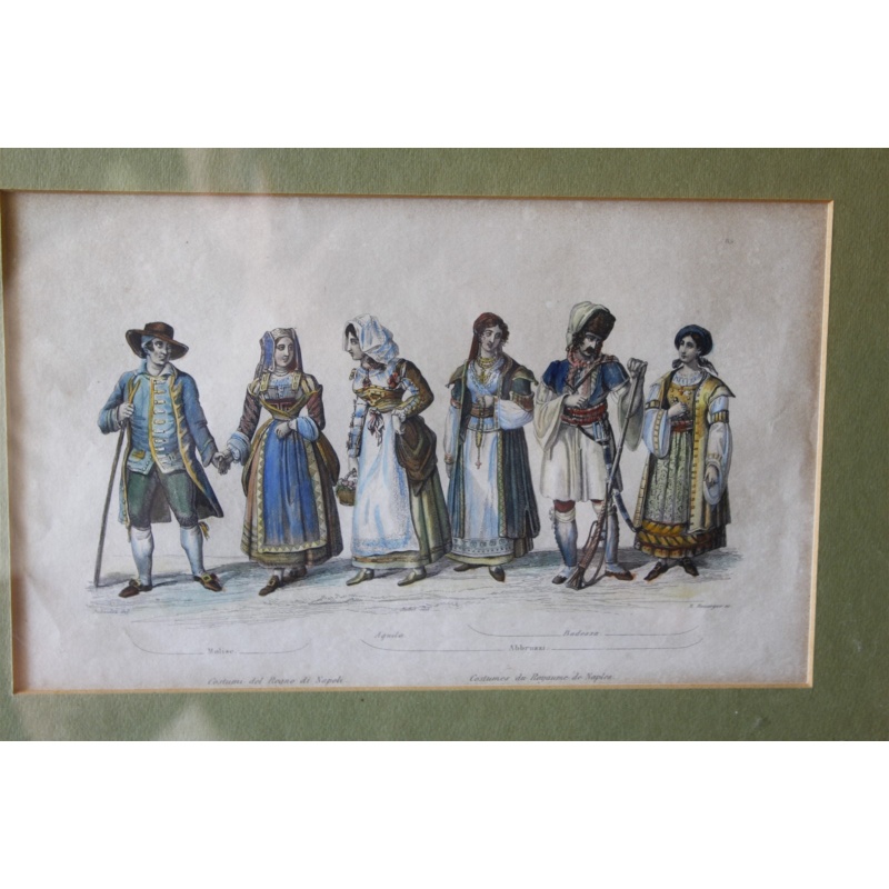 13.5 x 9.75 Early Framed Picture Costumi del Regno di Napoli Costumes of Naples