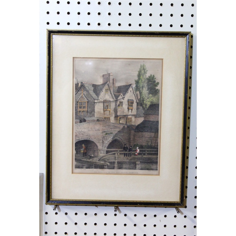 14 x 17.25 Framed Picture Old Buildings on the West Bridge Leicester