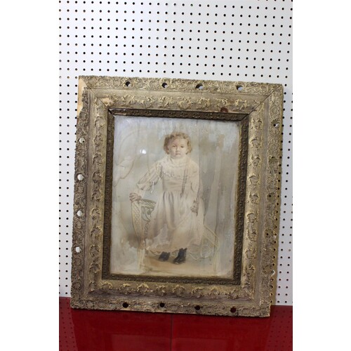 25 x 29 Very Early Framed Portrait of a little girl - Needs restoration