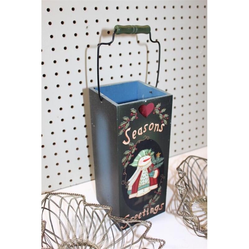3PCs. - 2 Christmas Tree Wire Baskets & Wooden Seasons Greetings Container 
