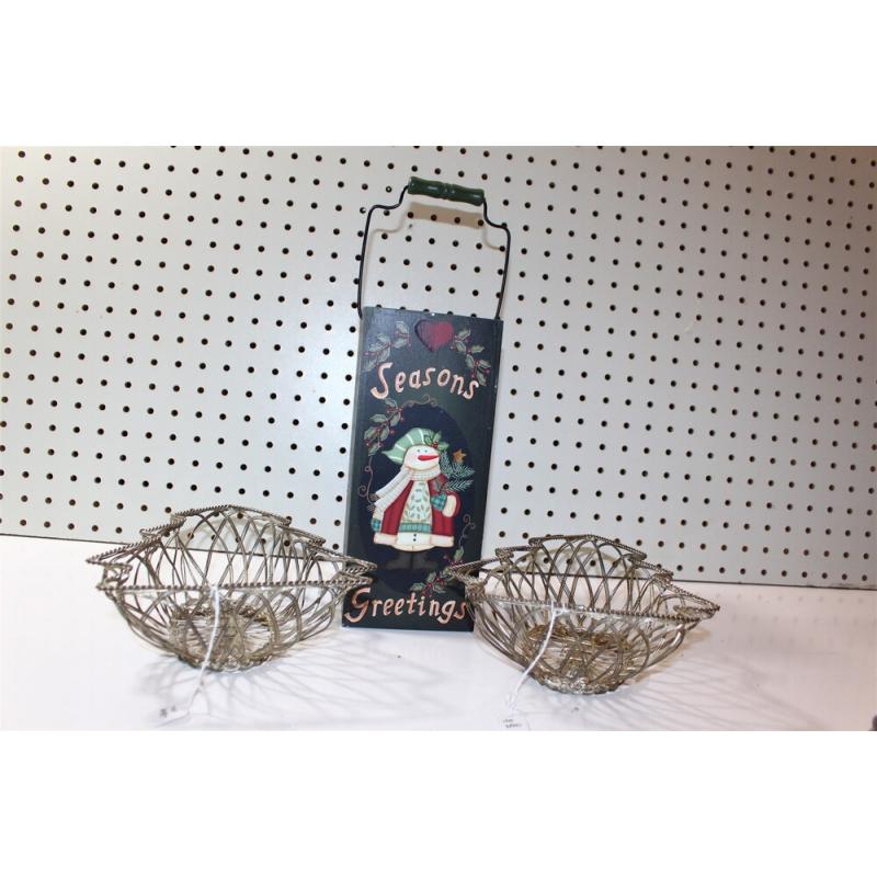3PCs. - 2 Christmas Tree Wire Baskets & Wooden Seasons Greetings Container 