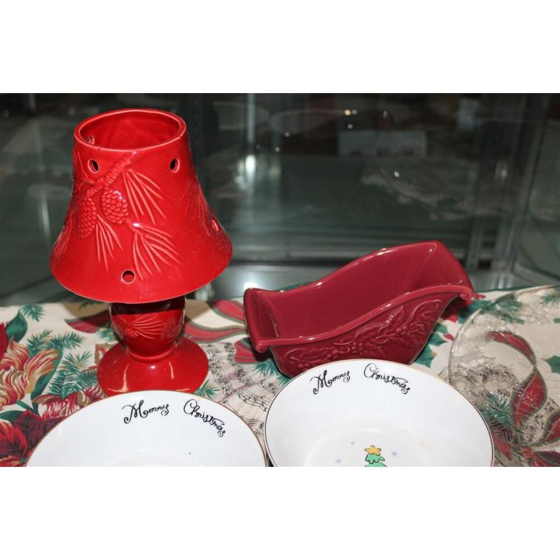 Christmas Lot - Merry Brite Plates & Bowls - Glass Platter & More