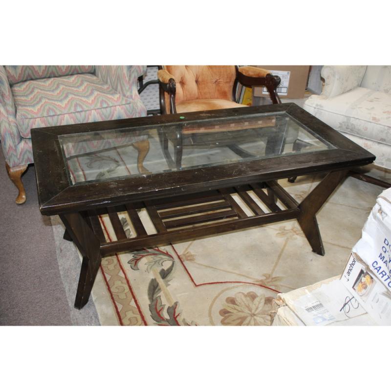 Early wooden glass topped coffee table 48 x 24 x 20