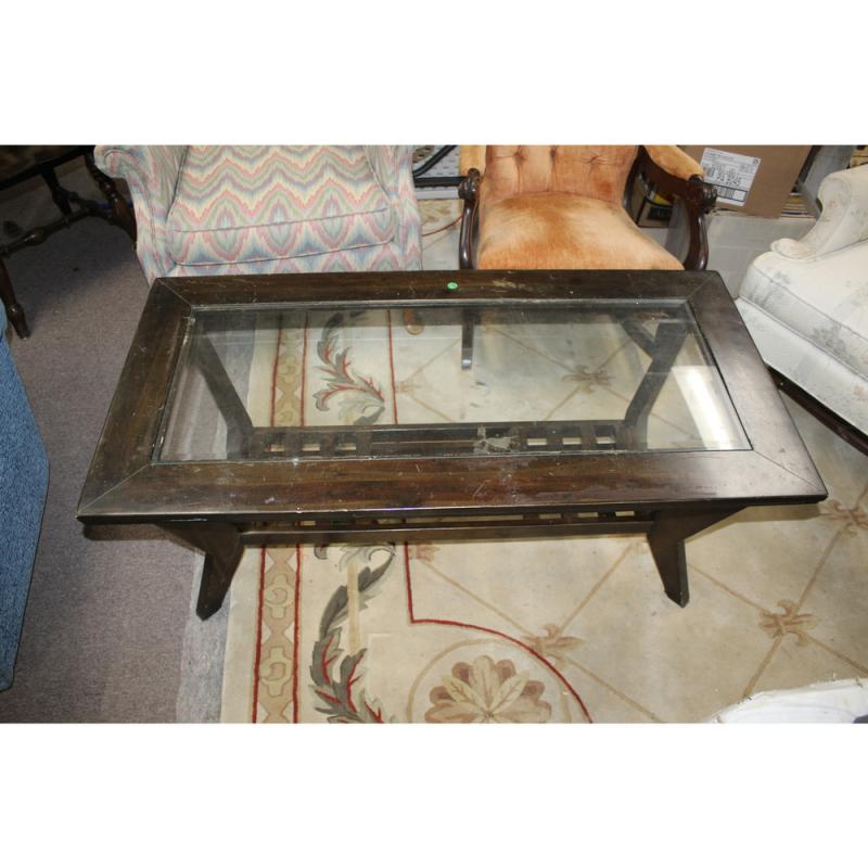 Early wooden glass topped coffee table 48 x 24 x 20