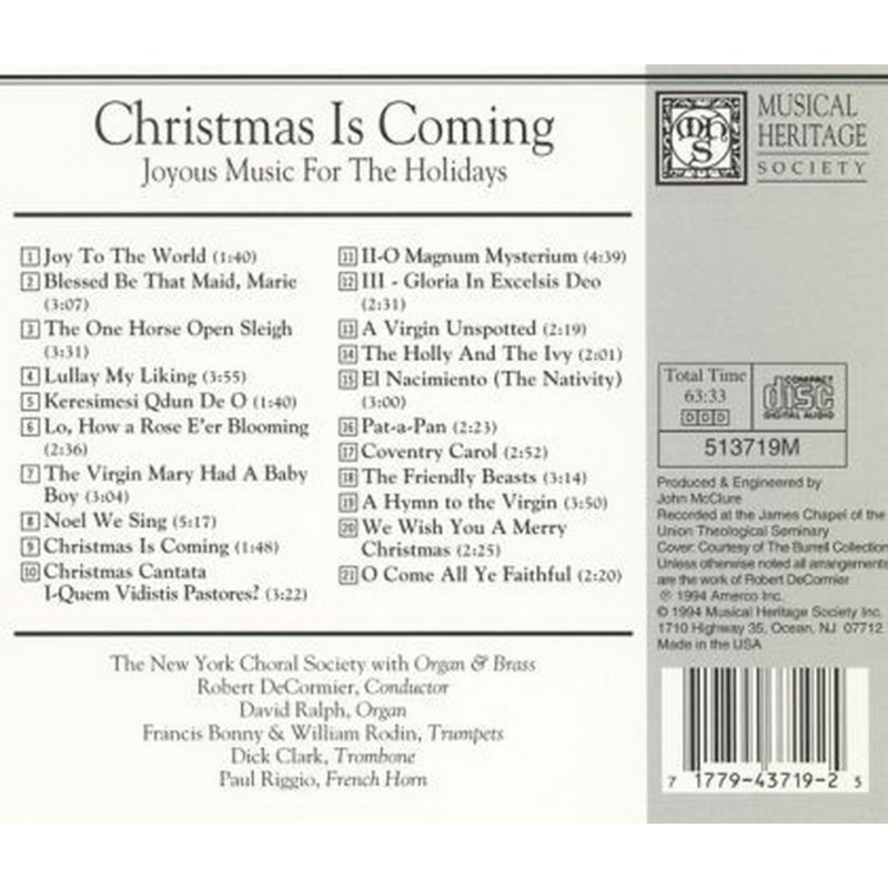 The New York Choral Society/Robert DeCormier Christmas Is CD, Compact Disc